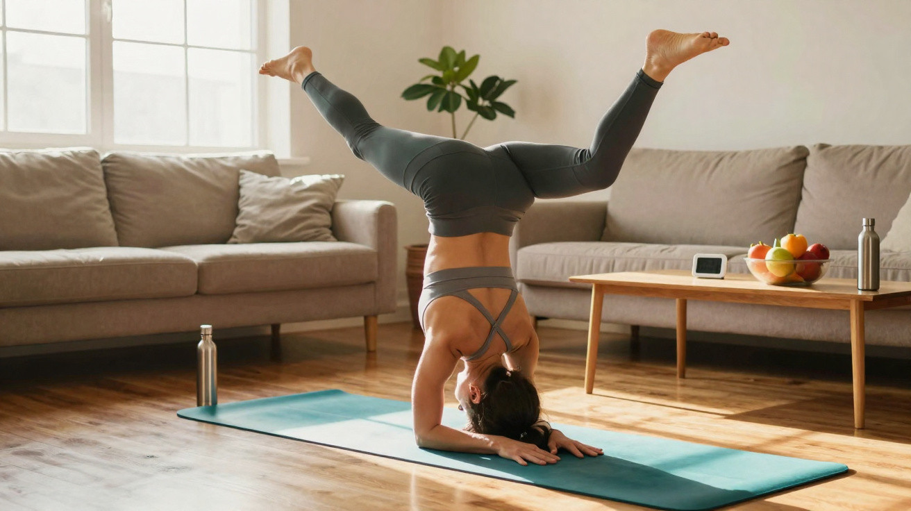 Mulher fazendo yoga em posição invertida, sobre tapete, em sala de estar com sofá e mesa.