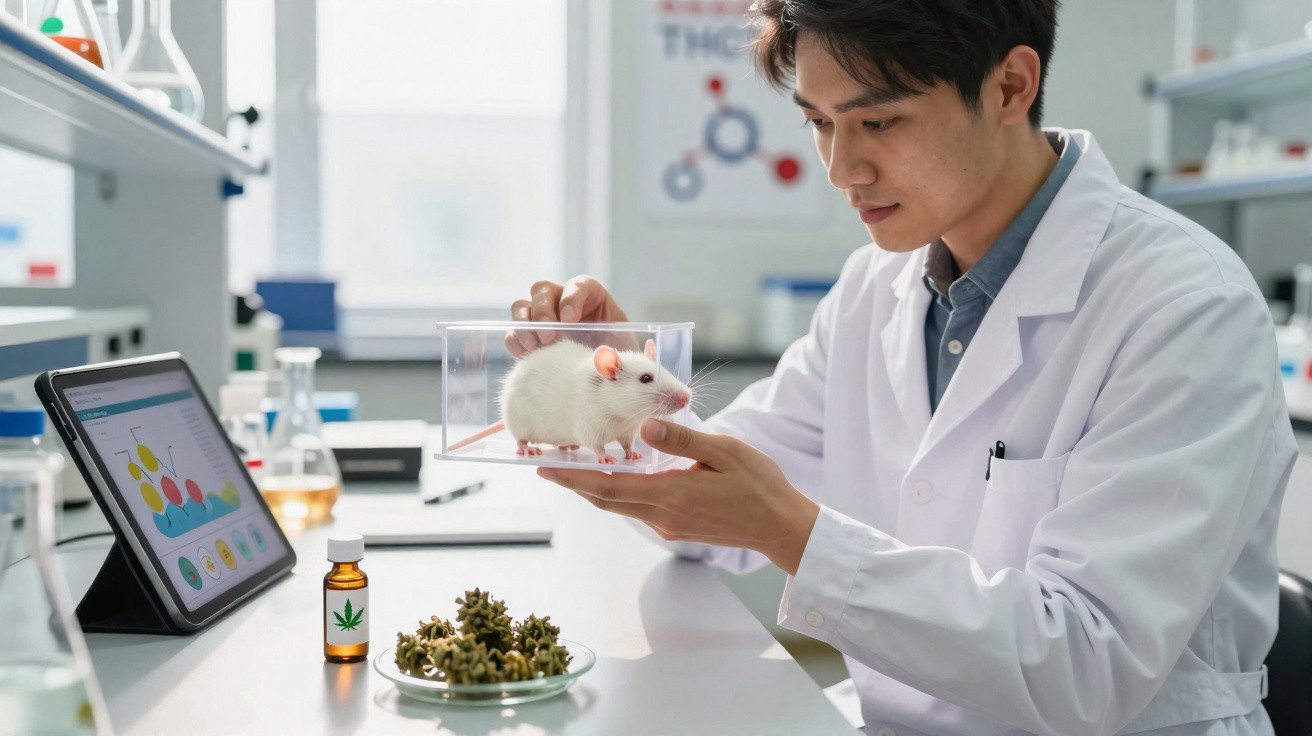 Cientista em laboratório segurando rato branco dentro de caixa de acrílico para pesquisa científica.