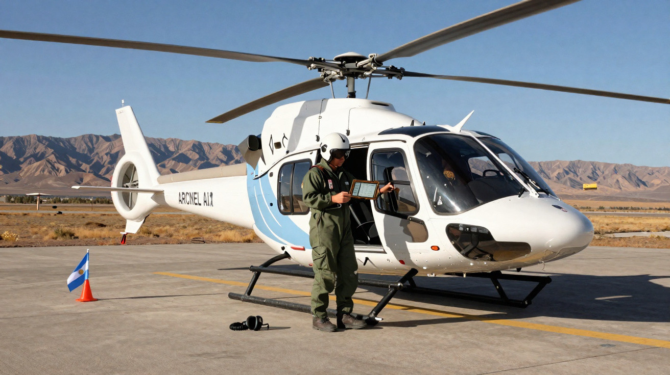 Helicóptero branco estacionado e piloto com capacete consultando tablet na pista, ao ar livre.