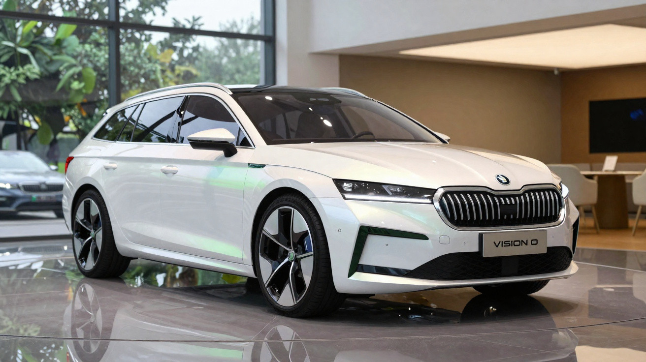 Carro elétrico branco Škoda Vision 0 estacionado em ambiente interno moderno.