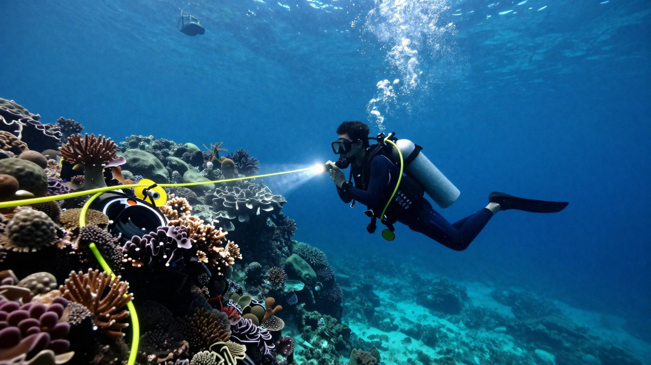 Mergulhador explorando recife de corais com lanterna subaquática em águas claras e azuladas.