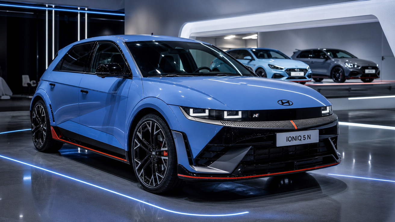 Carro azul Hyundai Ioniq 5 N em exposição, com design moderno e detalhes em preto e vermelho.