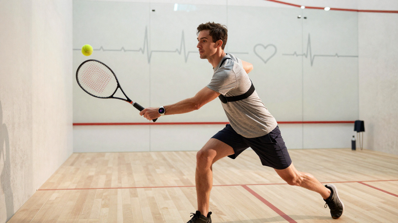 Homem jogando squash em quadra com roupa esportiva e monitor cardíaco no peito.