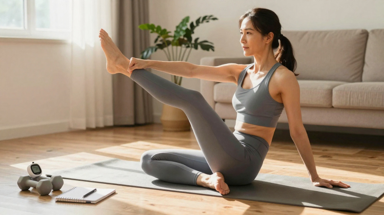 Mulher praticando yoga com roupa esportiva cinza em tapete, ao lado de halteres e caderno, em sala iluminada.