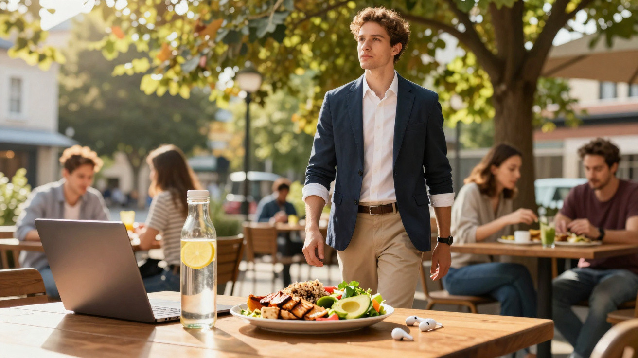 Homem jovem vestido formalmente em cafeteria ao ar livre, com prato de comida e laptop na mesa.