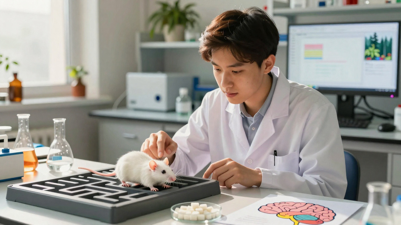 Cientista observa rato branco explorando labirinto em mesa de laboratório com gráficos e tubos de ensaio.