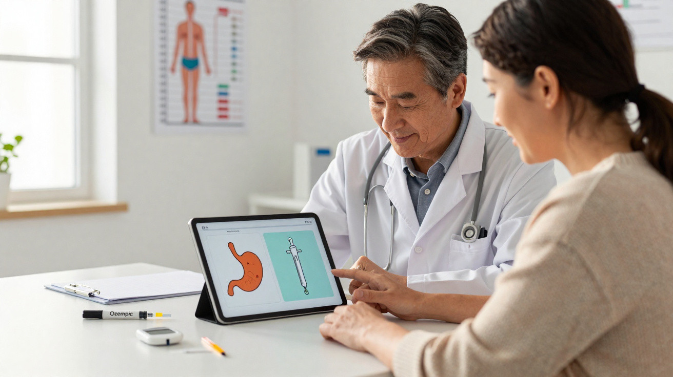 Médico mostrando em tablet imagem de estômago e seringa para paciente durante consulta em consultório.