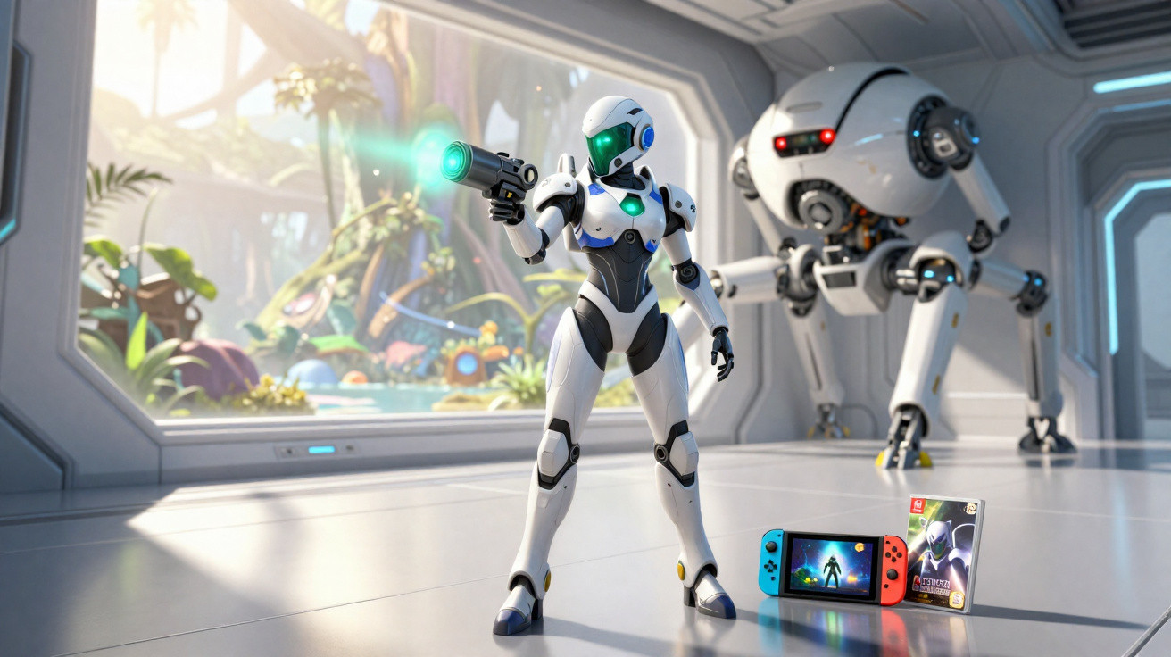 Robô futurista com arma em ambiente tecnológico ao lado de console de videogame Nintendo Switch e jogo.