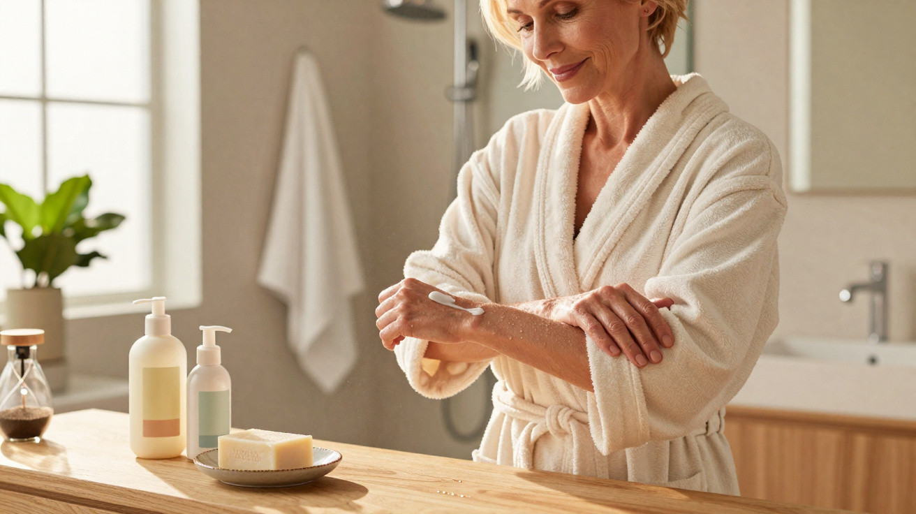 Mulher madura em robe branco aplicando creme no braço em banheiro iluminado e organizado.
