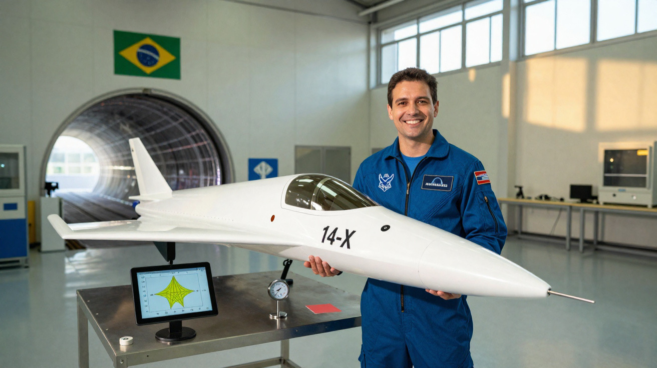Homem em macacão azul segurando modelo de avião branco 14-X em laboratório com bandeira do Brasil.
