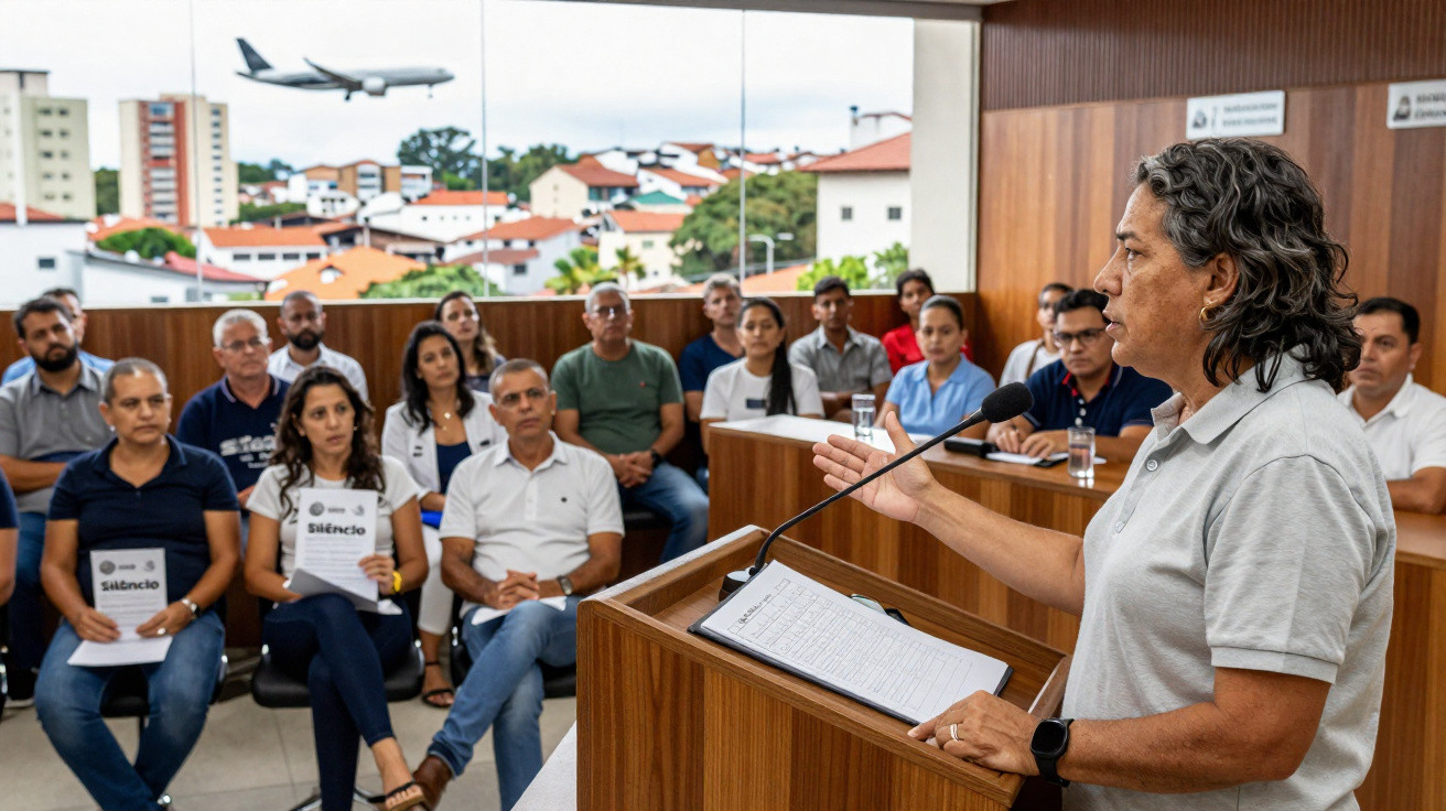 Pessoa falando em púlpito para grupo atento em sala com janelas grandes e avião voando ao fundo.
