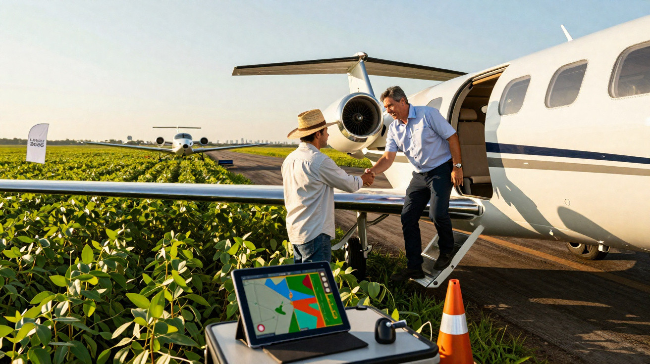 Homem de chapéu cumprimenta profissional que desce de avião particular em pista próxima a lavoura.
