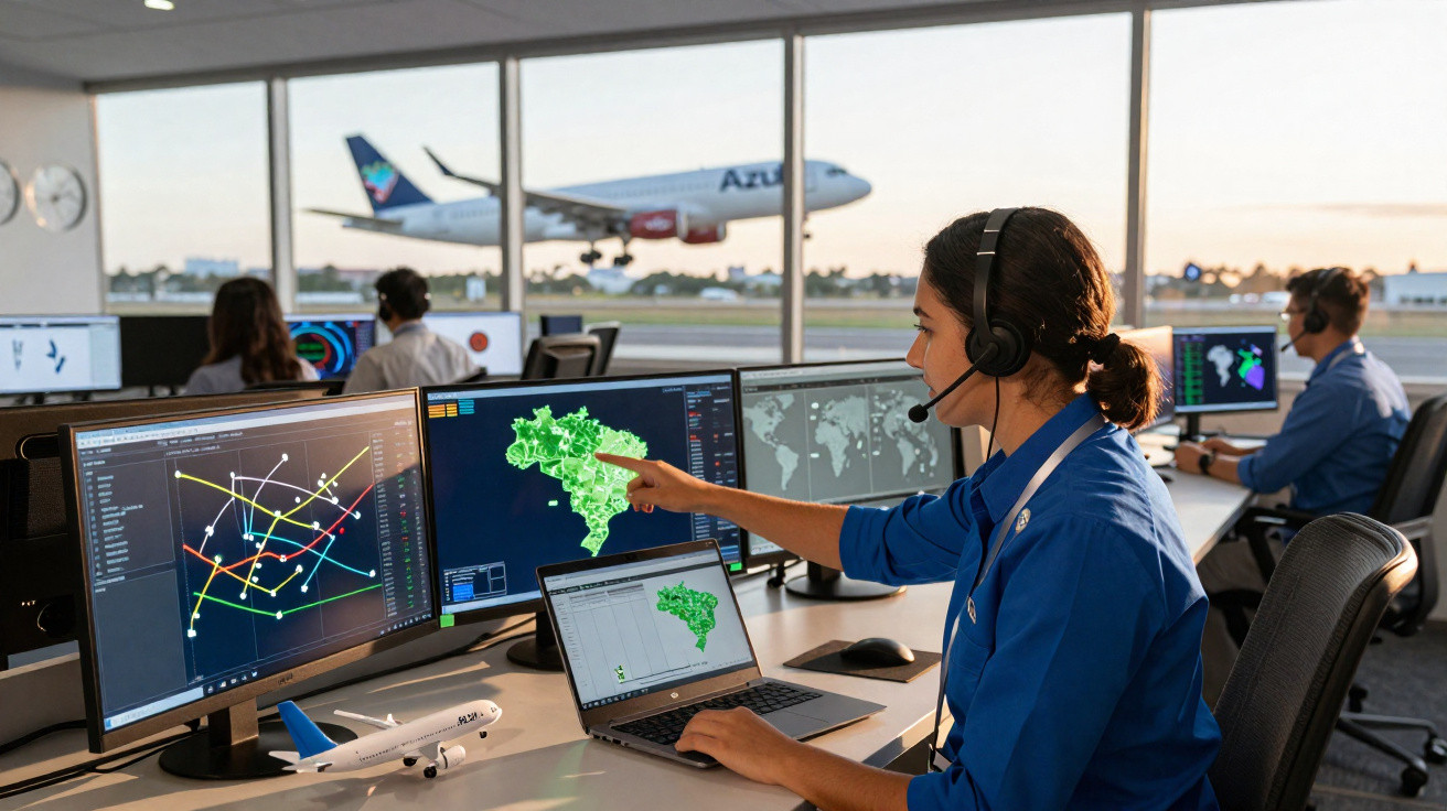 Mulher controlando rotas aéreas no aeroporto, mostrando mapa do Brasil em tela de computador.
