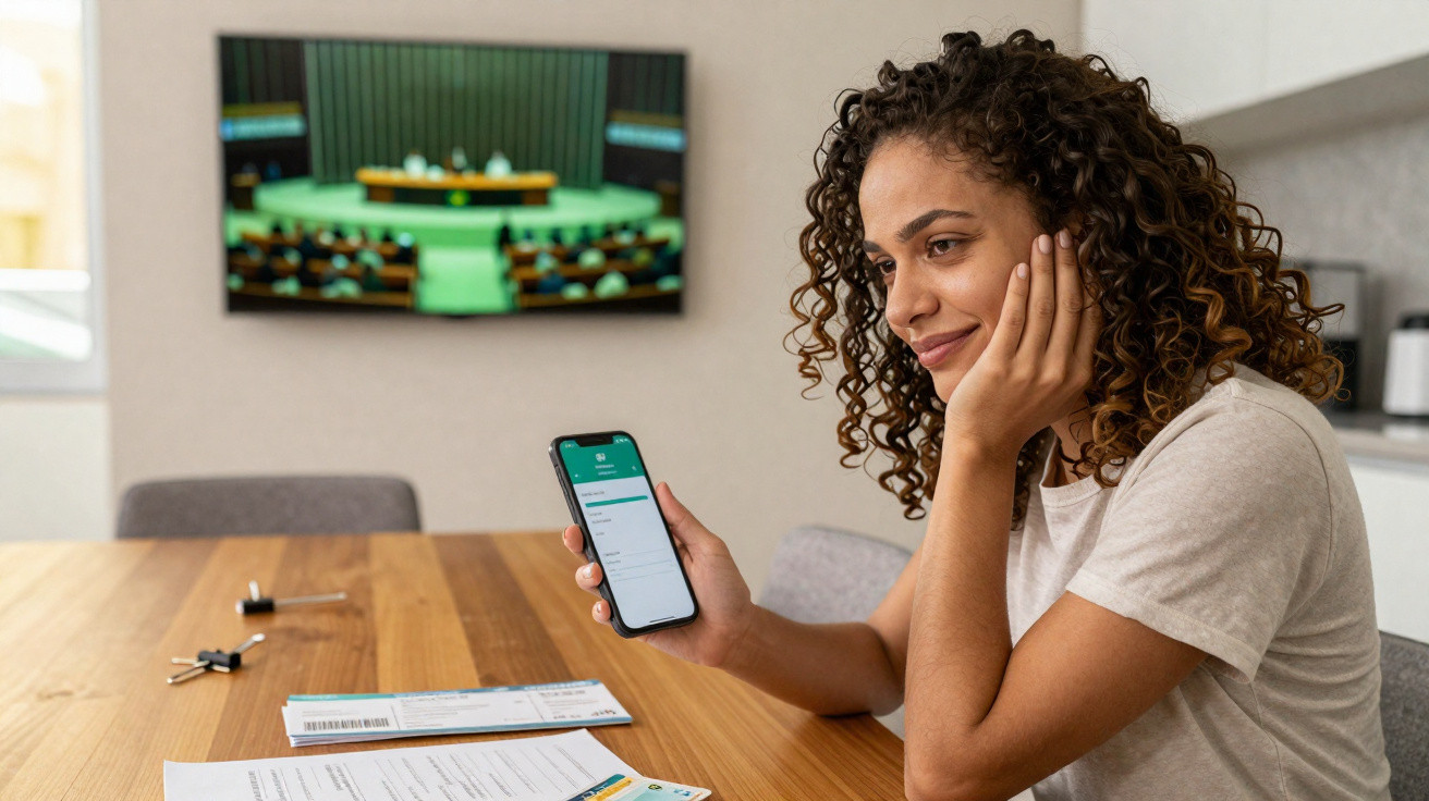 Mulher sorridente sentada à mesa com celular na mão, assistindo sessão parlamentar na TV.