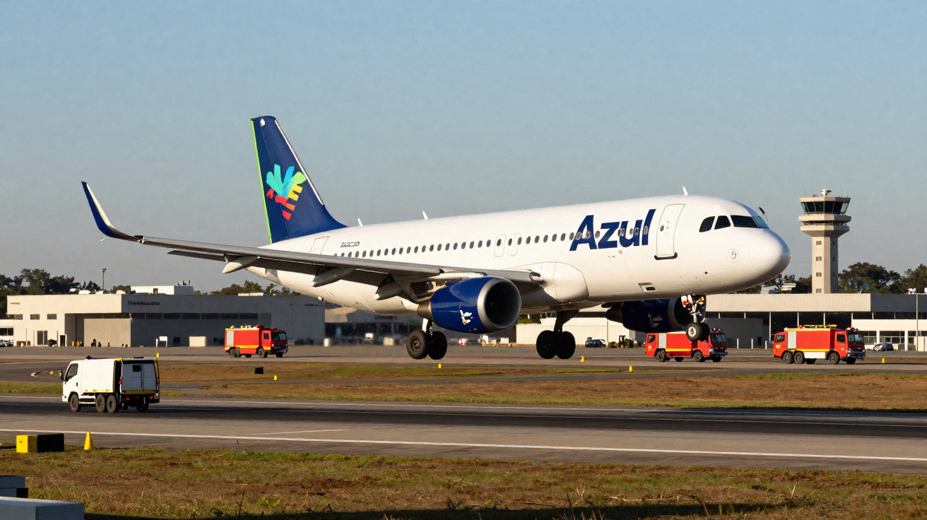 Avião da Azul decolando em pista de aeroporto com veículos de apoio e torre de controle ao fundo.
