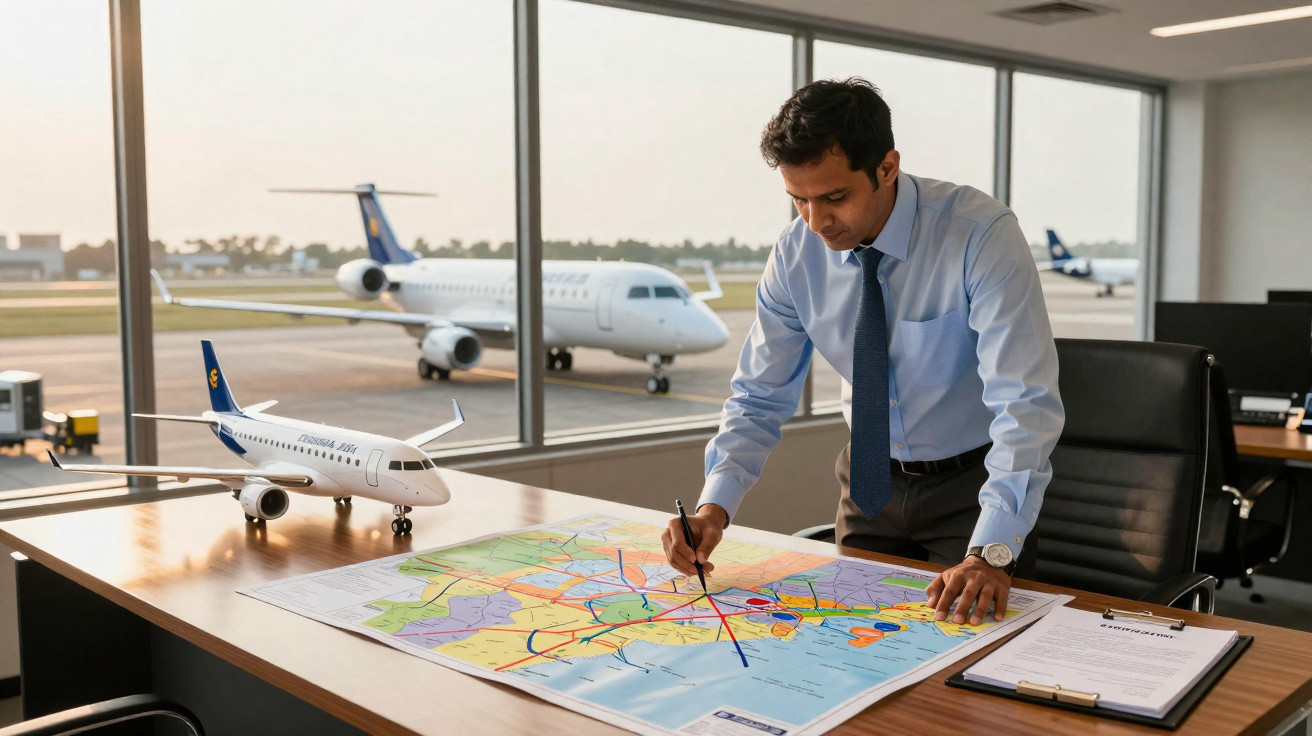 Homem de terno analisando e marcando rotas em um mapa grande, em escritório com vista para um aeroporto.