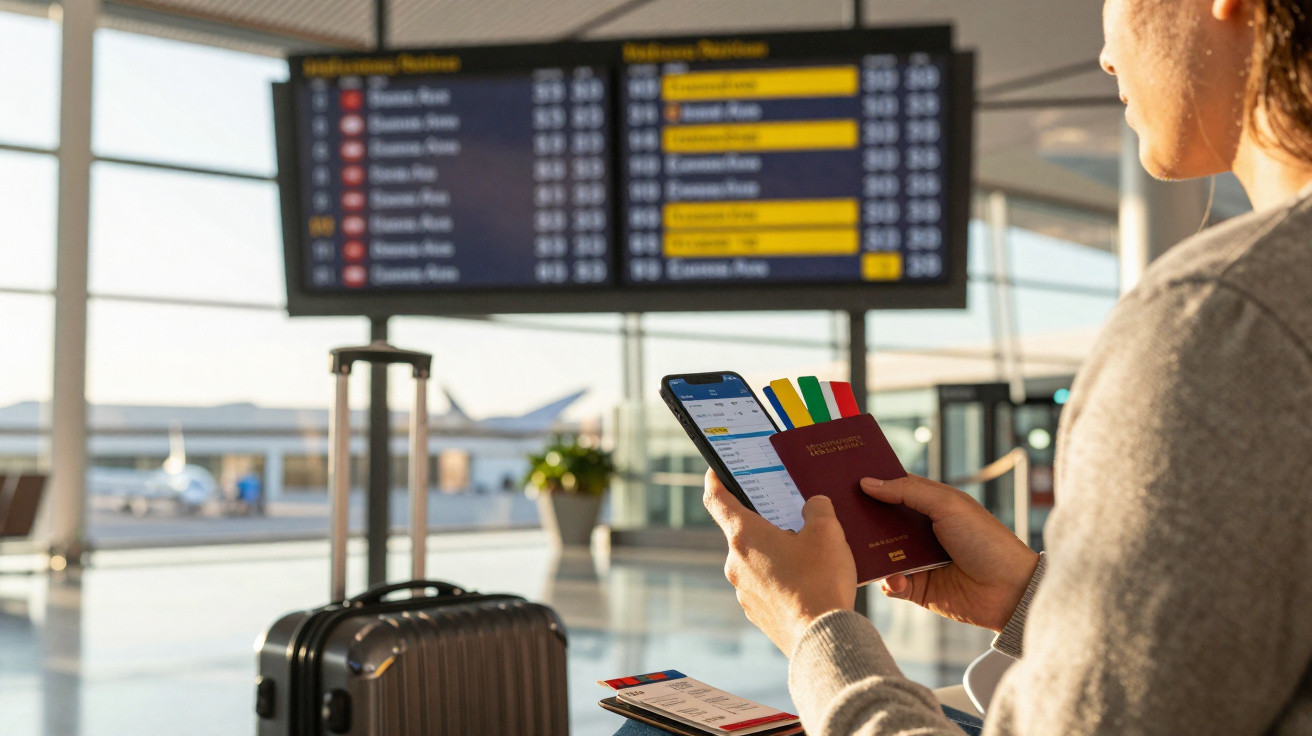 Pessoa em aeroporto segurando passaporte, celular e cartões, com mala e painel de voos ao fundo.