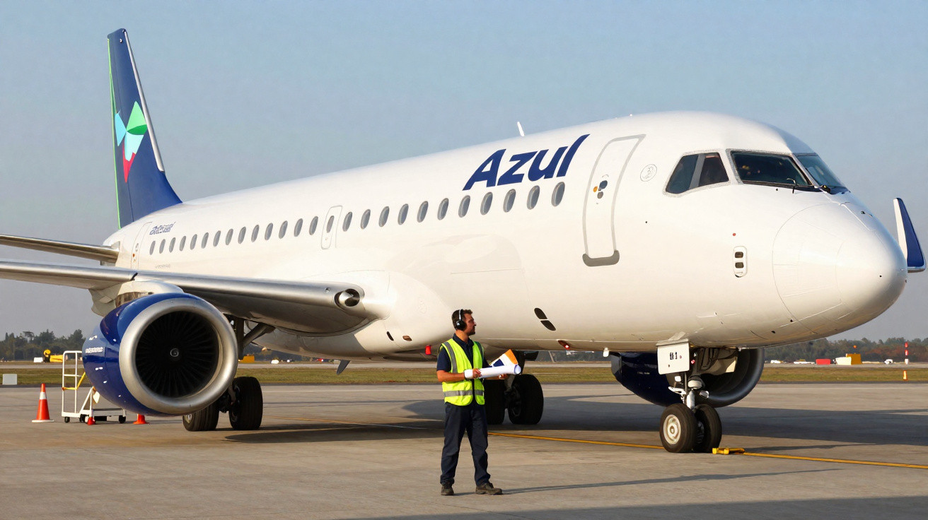 Avião comercial da Azul estacionado no aeroporto com funcionário em colete amarelo ao lado.