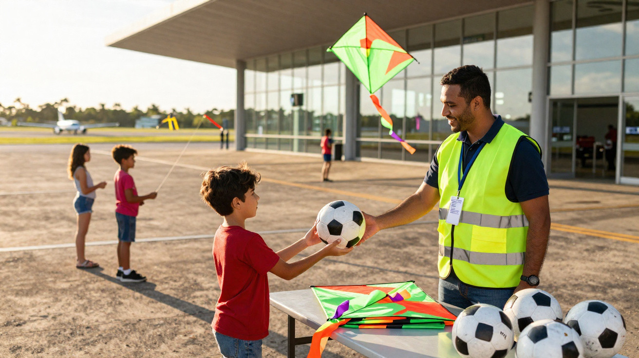Crianças brincam com pipas enquanto homem com colete reflete bola de futebol próximo a mesa.
