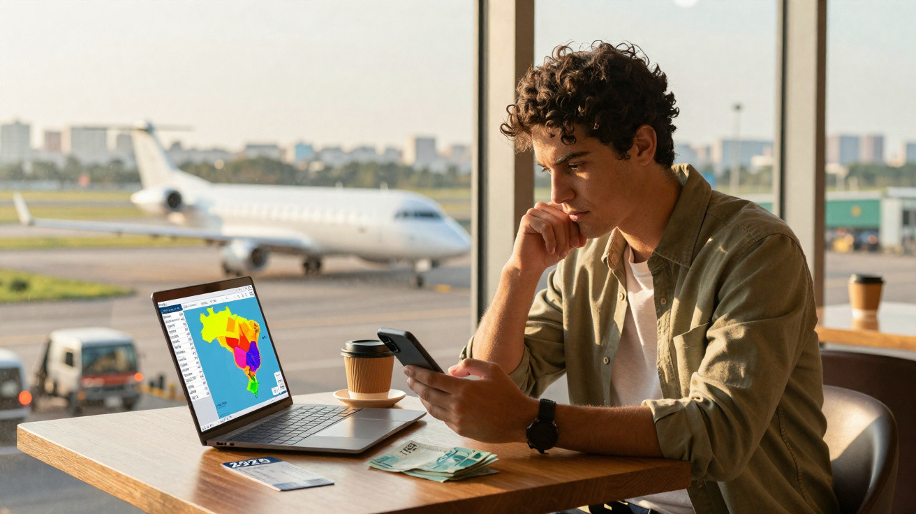 Homem com celular e laptop aberto em aeroporto com mapa meteorológico do Brasil na tela.