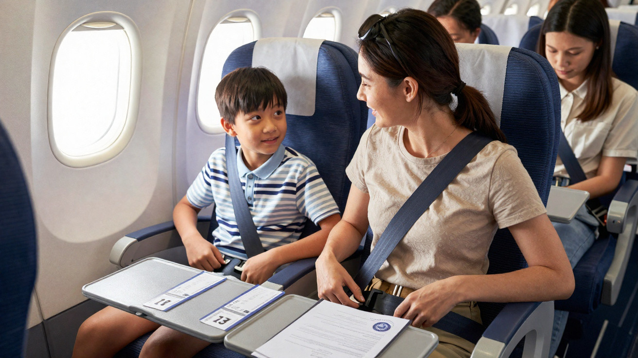 Mãe e filho sentados lado a lado em avião, com cinto de segurança, falando e sorrindo.
