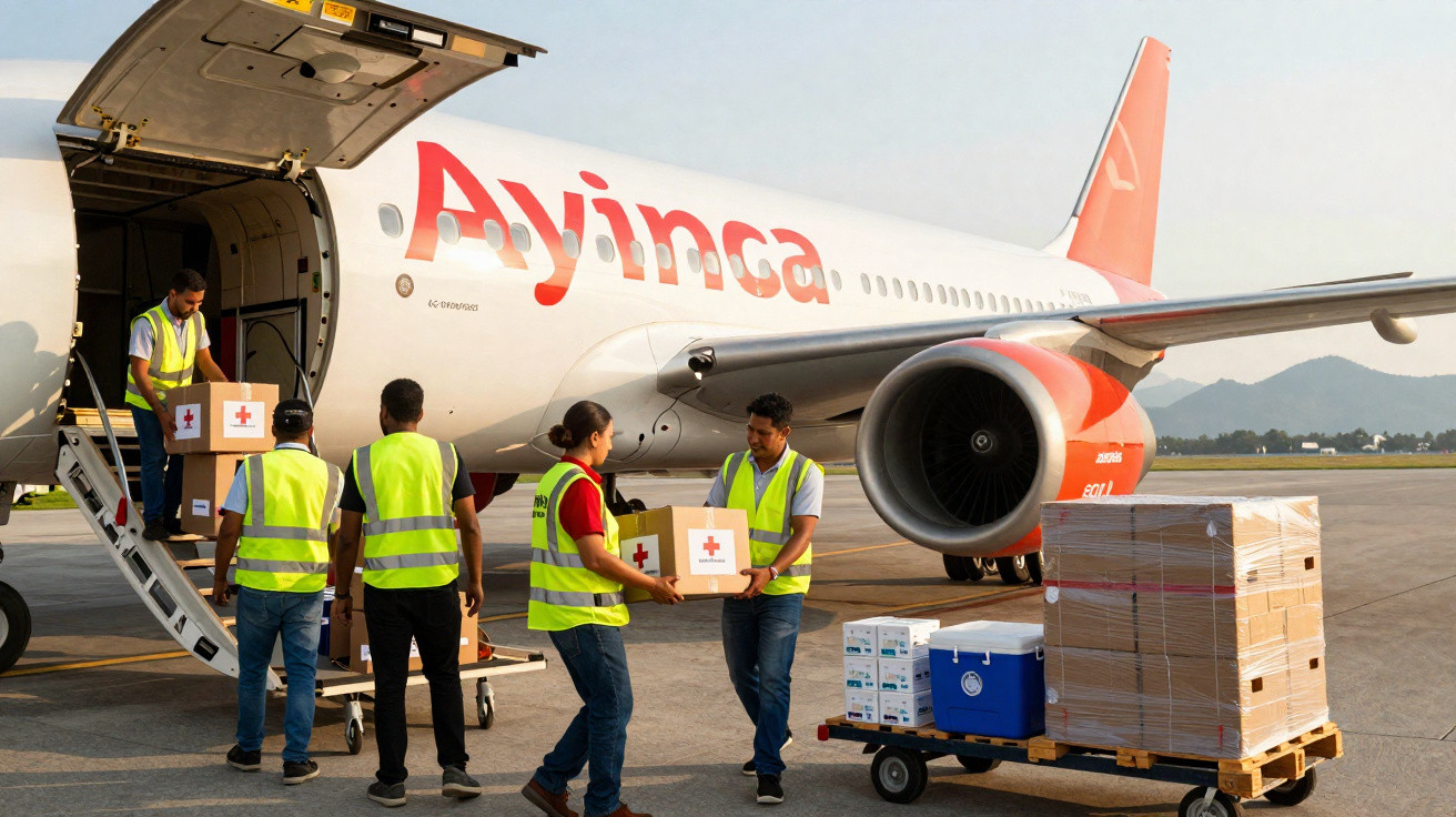 Equipes descarregando caixas de ajuda humanitária de avião da Ayinça em pista de aeroporto ensolarada.