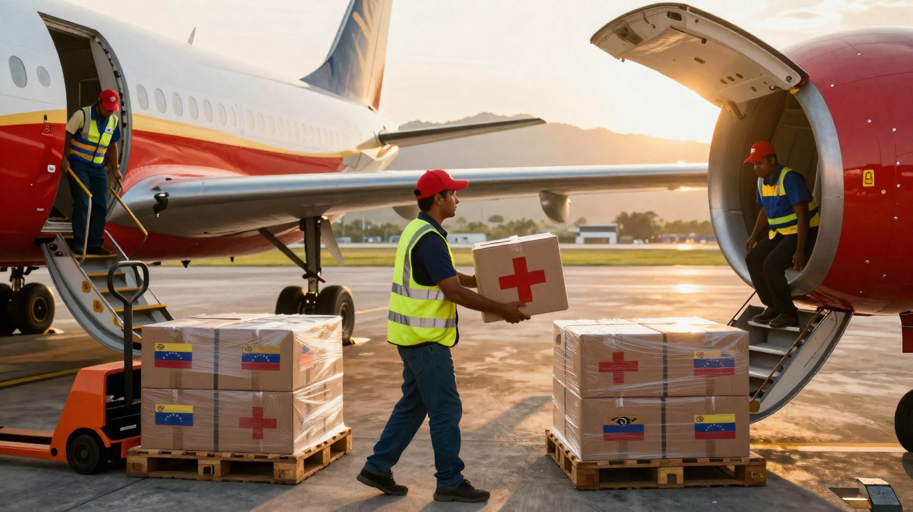 Funcionários descarregam caixas de ajuda humanitária de avião ao pôr do sol no aeroporto.