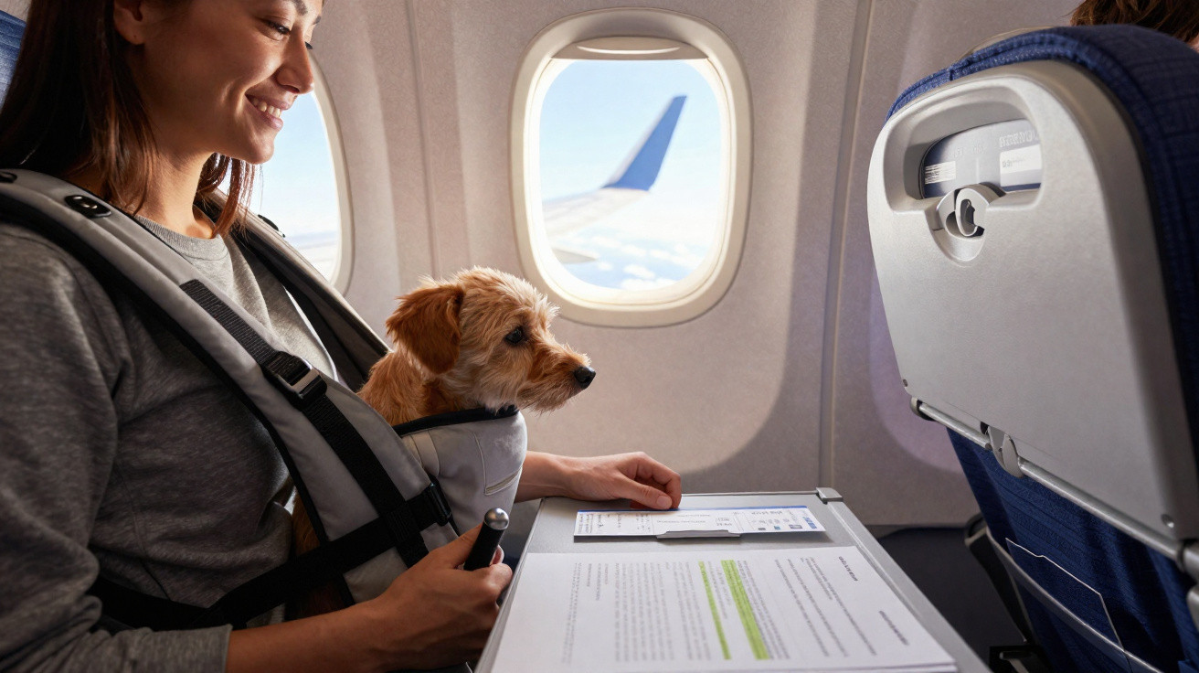 Mulher sorrindo embarca com cachorro em mochila na cadeira de avião, com asa visível pela janela.