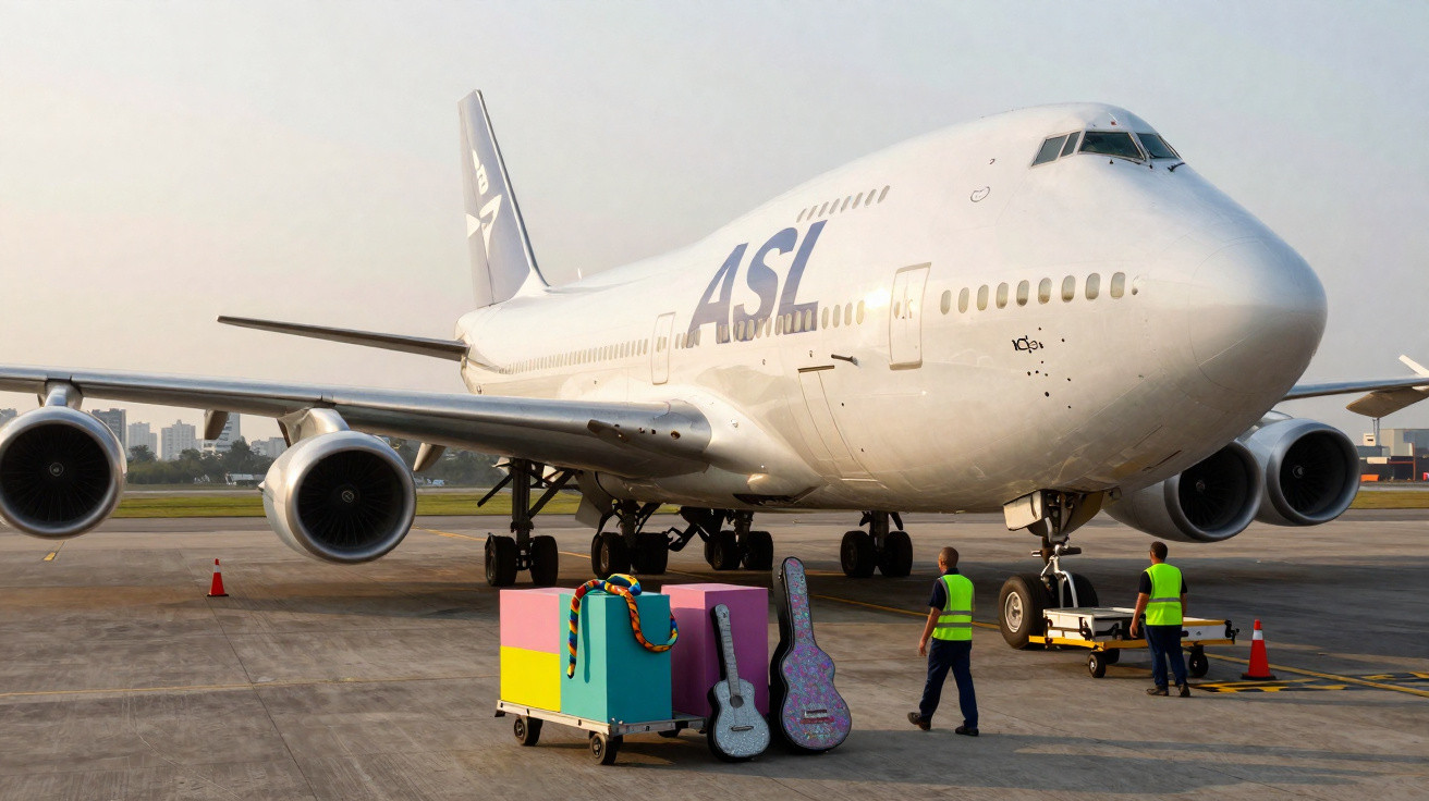 Avião ASL parado no pátio do aeroporto com trabalhadores e equipamentos de transporte coloridos.
