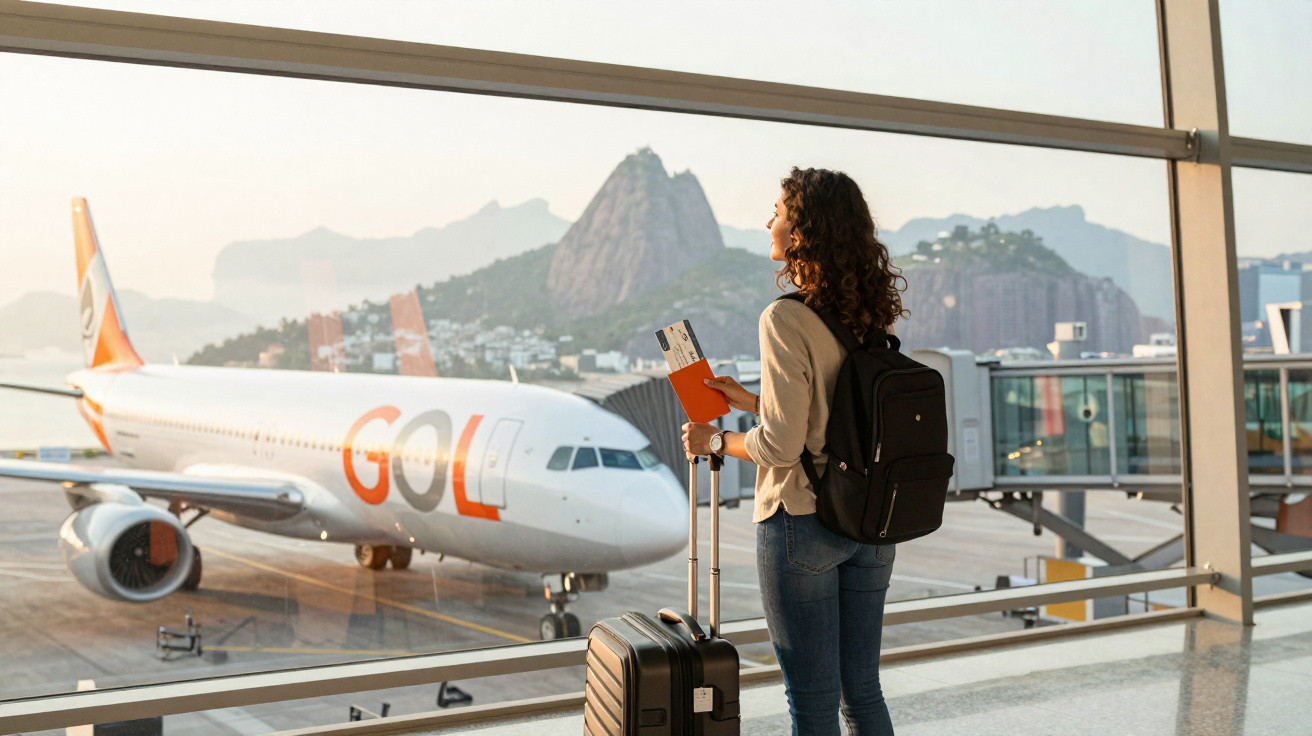 Mulher com mochila e mala observa avião da Gol de janela do aeroporto com Pão de Açúcar ao fundo.