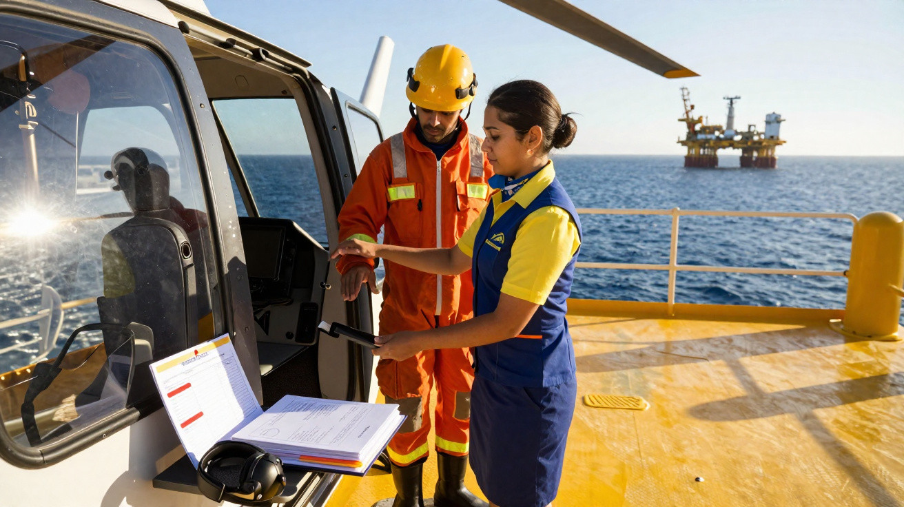 Mulher e homem com equipamentos de segurança em plataforma marítima analisando documentos ao lado de veículo branco.