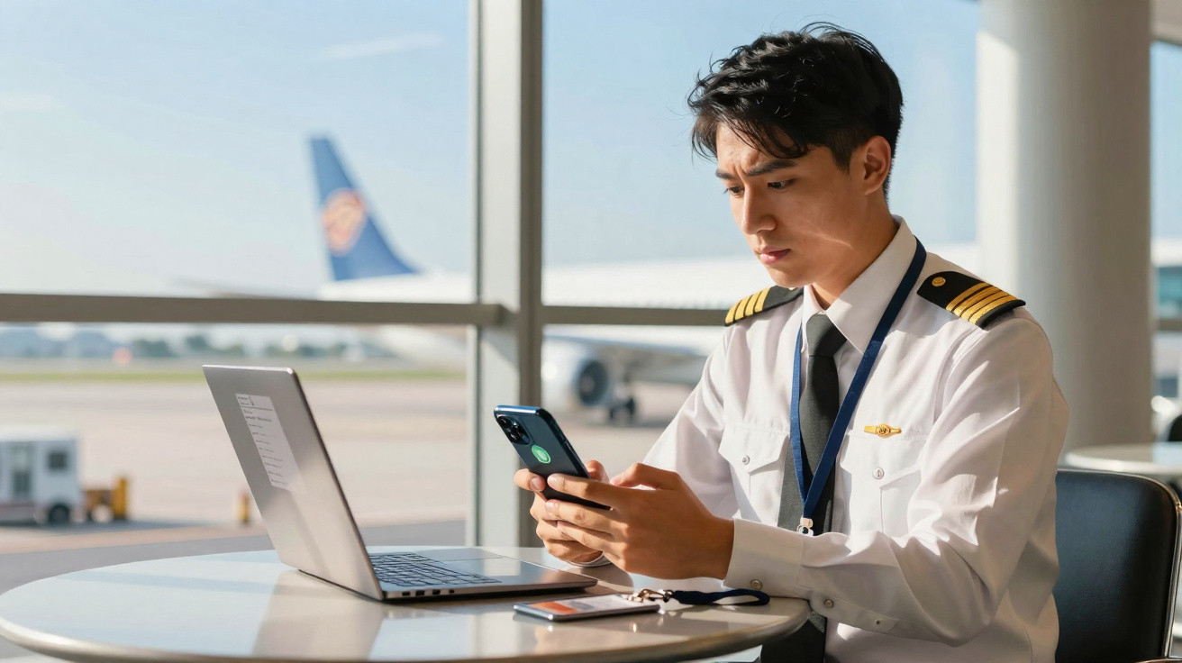 Jovem piloto consulta celular sentado à mesa com laptop em aeroporto, avião visível ao fundo pela janela.