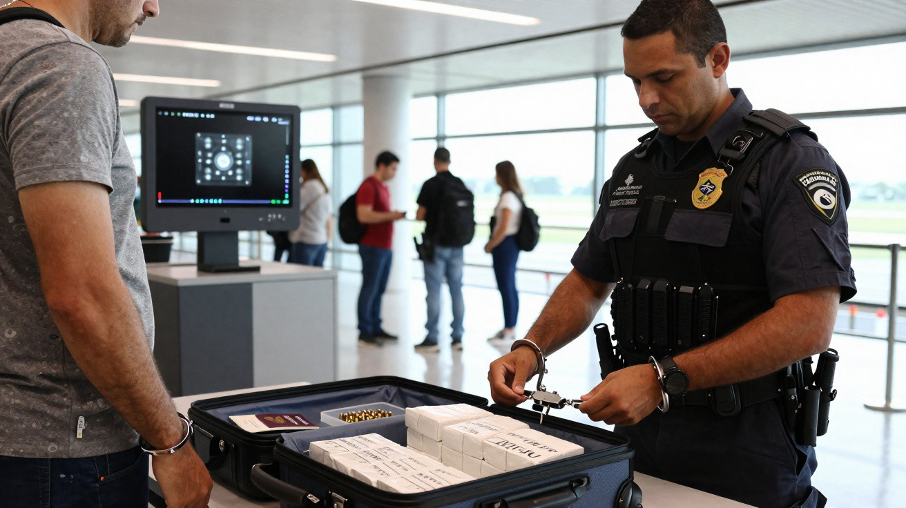 Agente de segurança inspeciona mala de passageiro em área de fiscalização do aeroporto.
