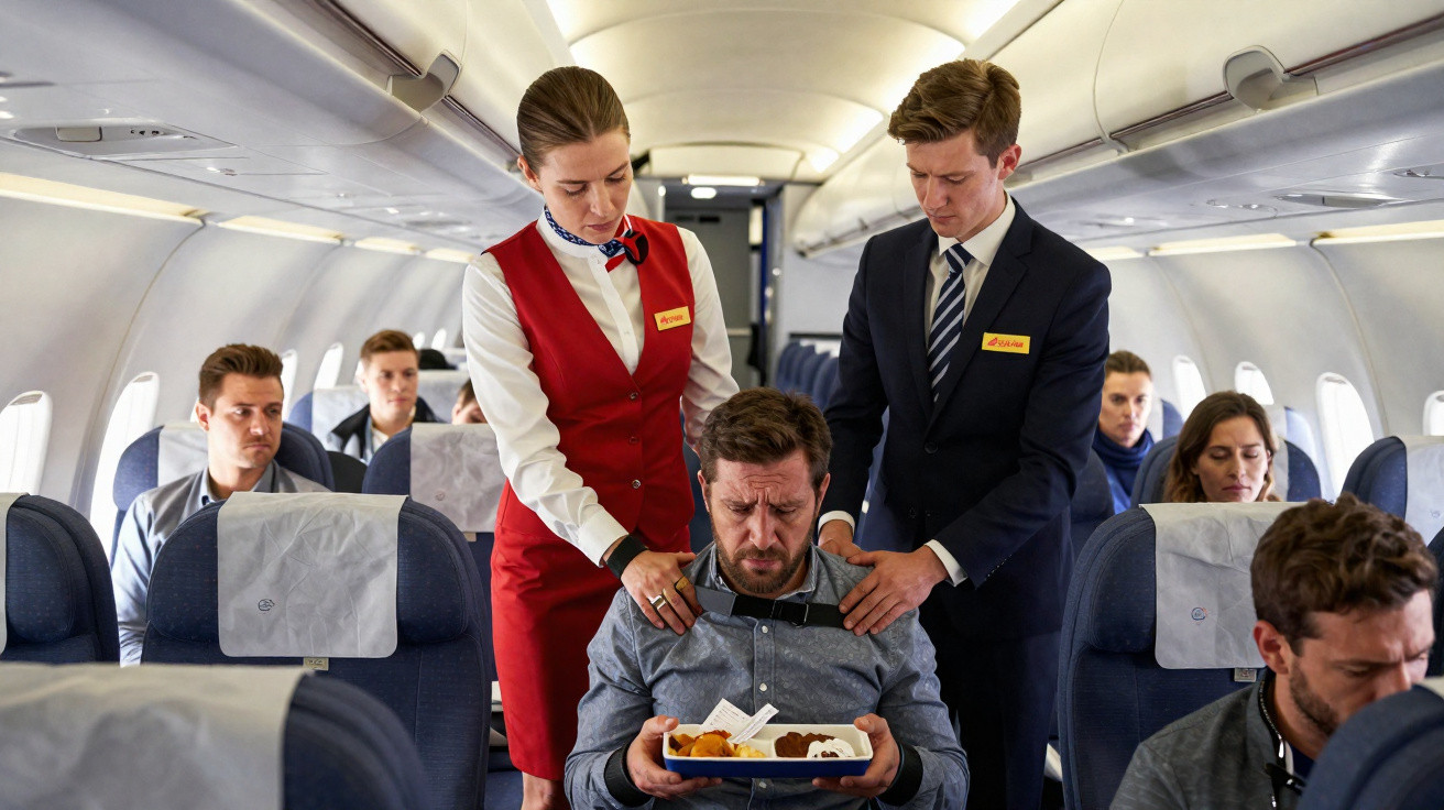 Comissários auxiliando passageiro desconfortável segurando bandeja de comida dentro do avião.