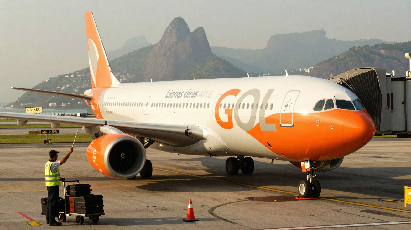 Avião da Gol Linhas Aéreas no portão de embarque no aeroporto com montanhas ao fundo.