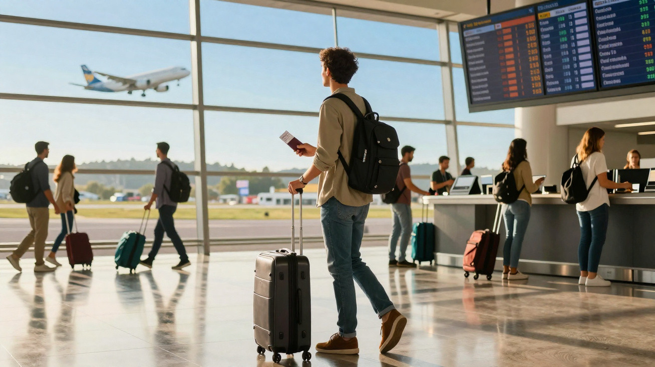 Jovem com mochila e mala observa avião decolando em aeroporto movimentado com passageiros e painel de voos.