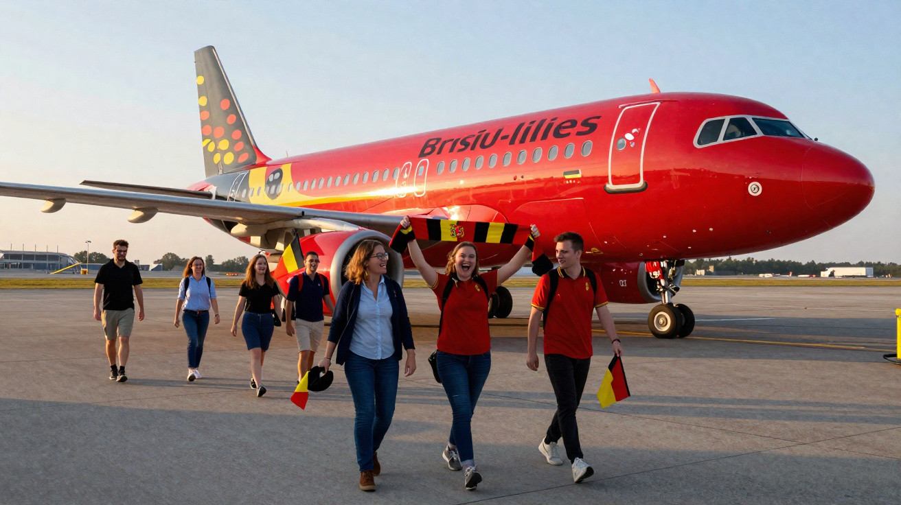 Grupo de pessoas caminhando felizes no aeroporto perto de avião vermelho da Brasil-Líliés ao entardecer.