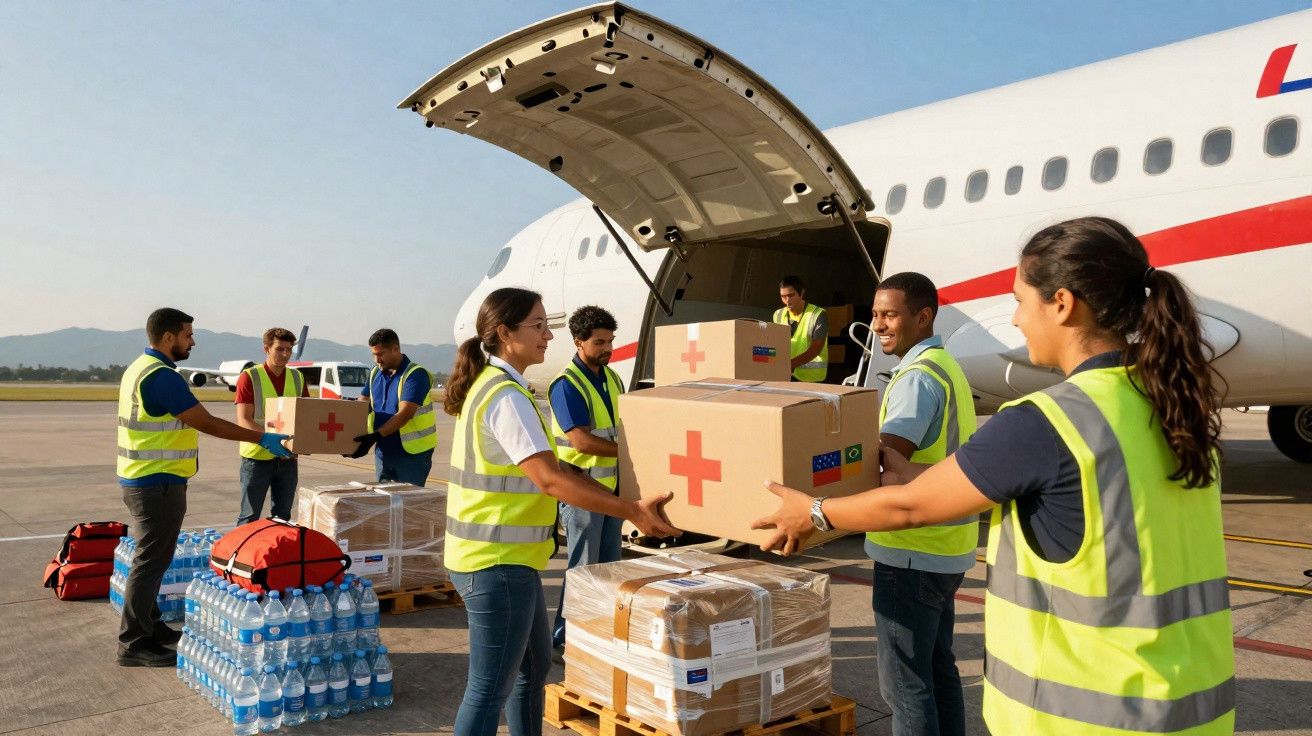 Equipe descarregando caixas de ajuda humanitária e suprimentos de um avião em pista de aeroporto.