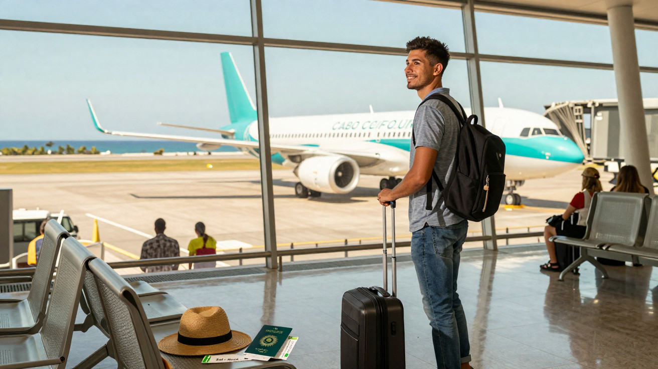 Homem sorridente com mochila e mala observando avião azul e branco no portão do aeroporto.