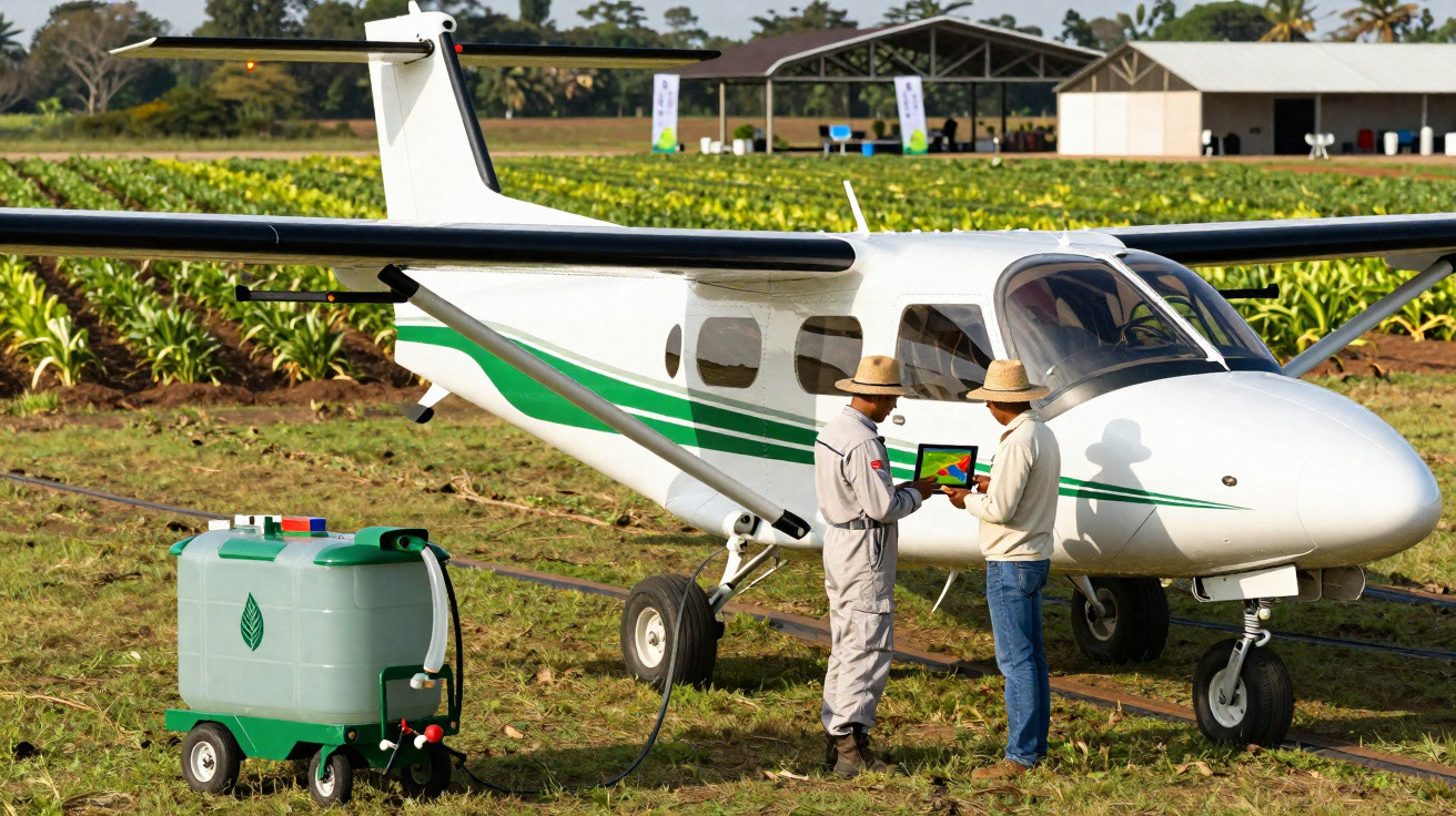Avião agrícola branco com faixa verde, duas pessoas com chapéus, campo e tanque de pulverização ao lado.