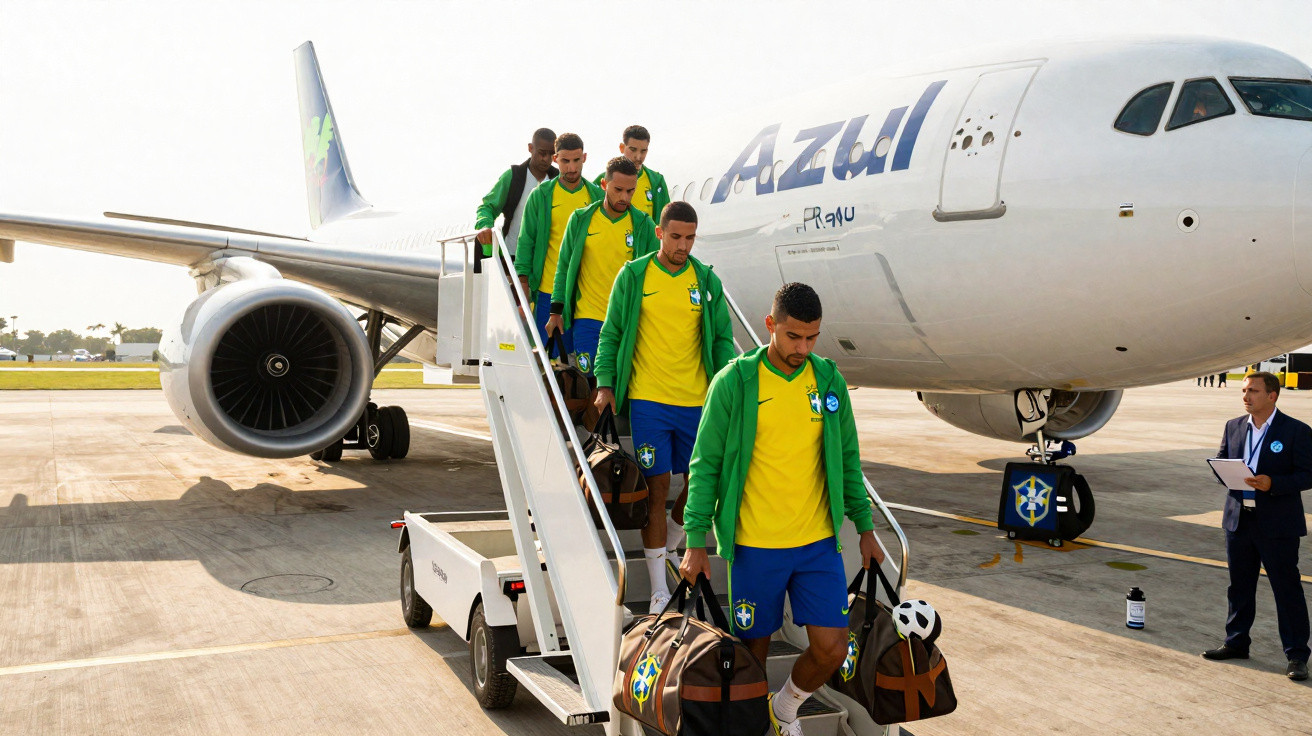 Equipe de futebol desembarca de avião da companhia Azul usando uniforme amarelo, azul e verde.