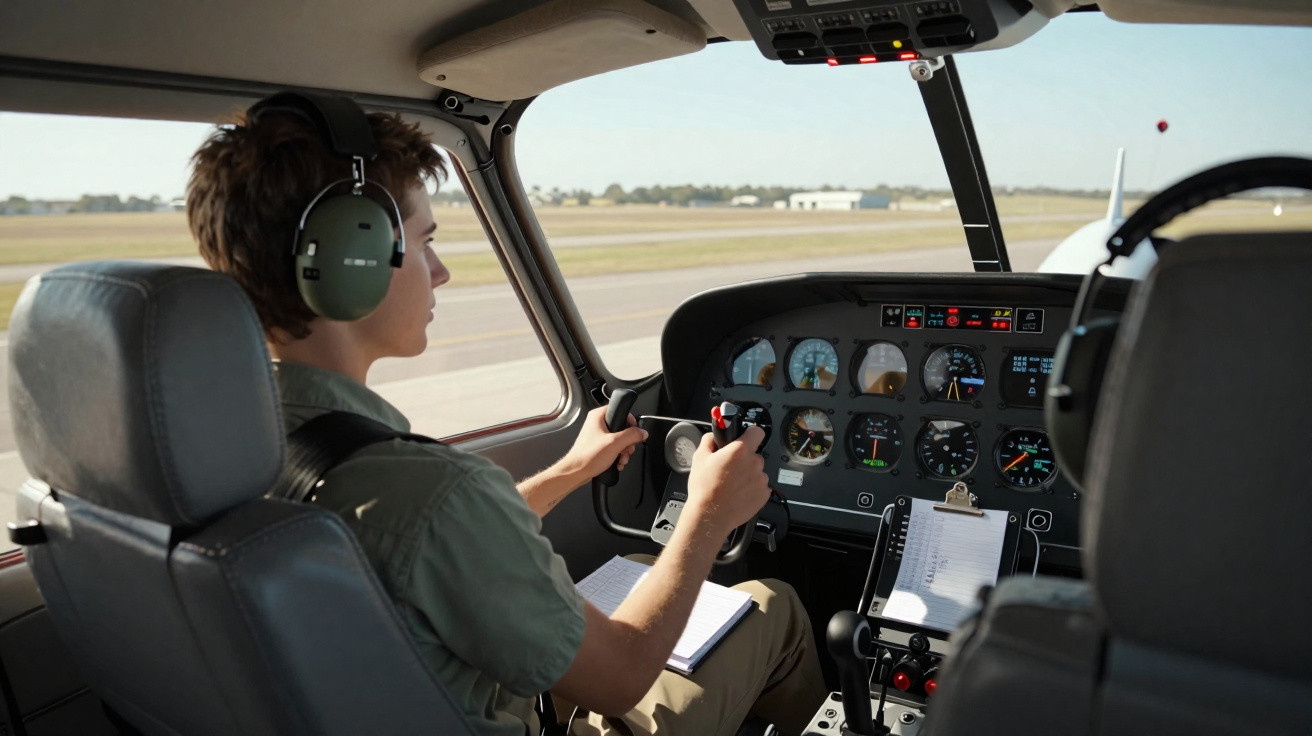 Pessoa jovem usando fones e controles, pilotando avião pequeno no comando da cabine durante voo.
