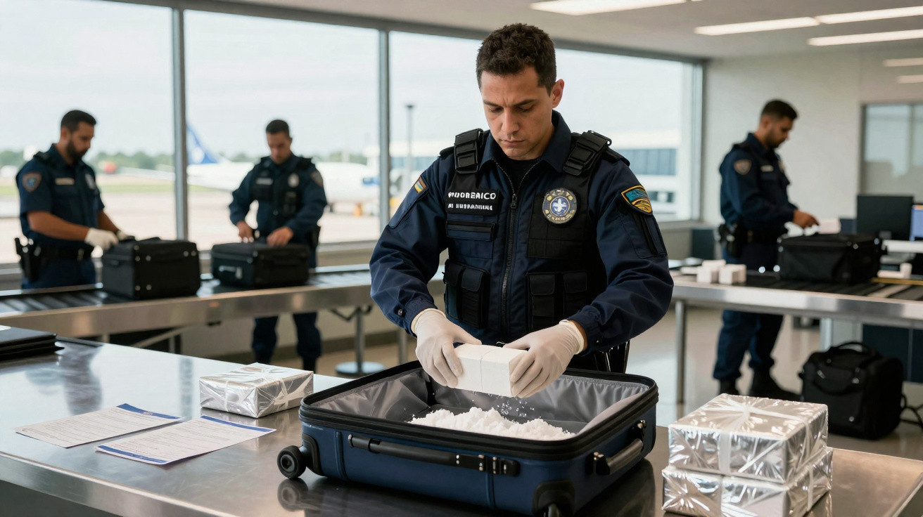 Agentes de segurança analisando malas e pacotes em área de inspeção de aeroporto.