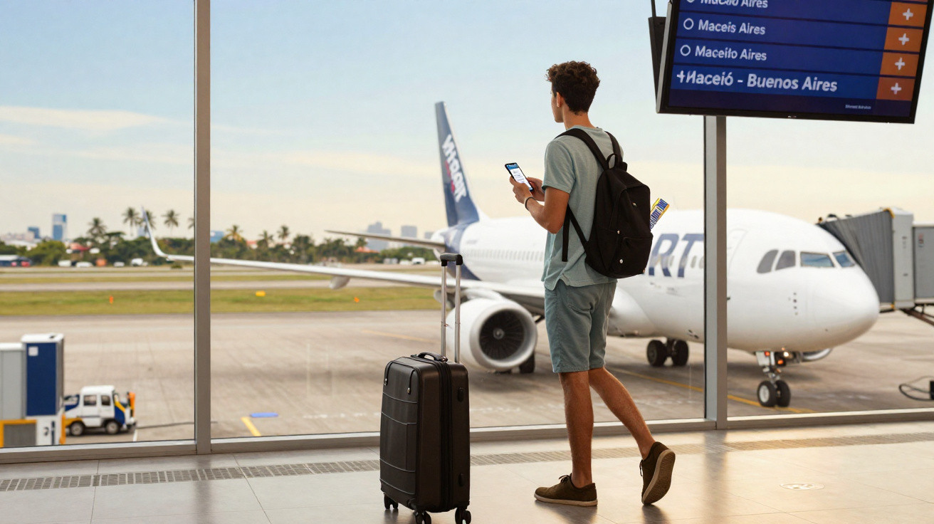 Homem de mochila e mala observa avião estacionado e tela de voos no aeroporto.