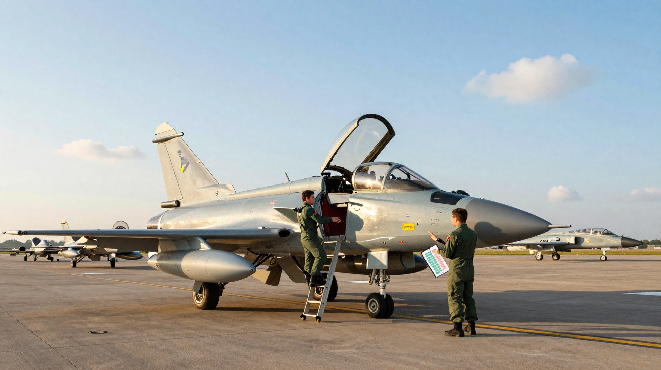 Avião militar prata estacionado na pista com dois pilotos em uniformes verdes durante inspeção.