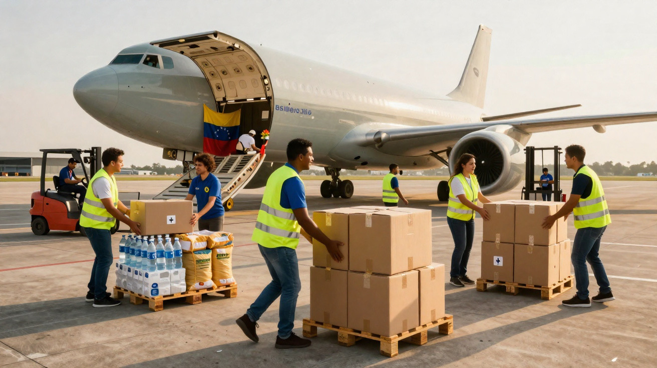 Equipe descarrega caixas e suprimentos de ajuda humanitária de avião com bandeira da Venezuela em aeroporto.