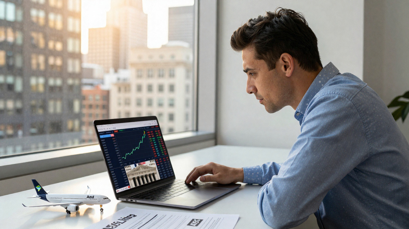 Homem olhando gráficos financeiros no laptop em escritório com modelo de avião e jornal na mesa.