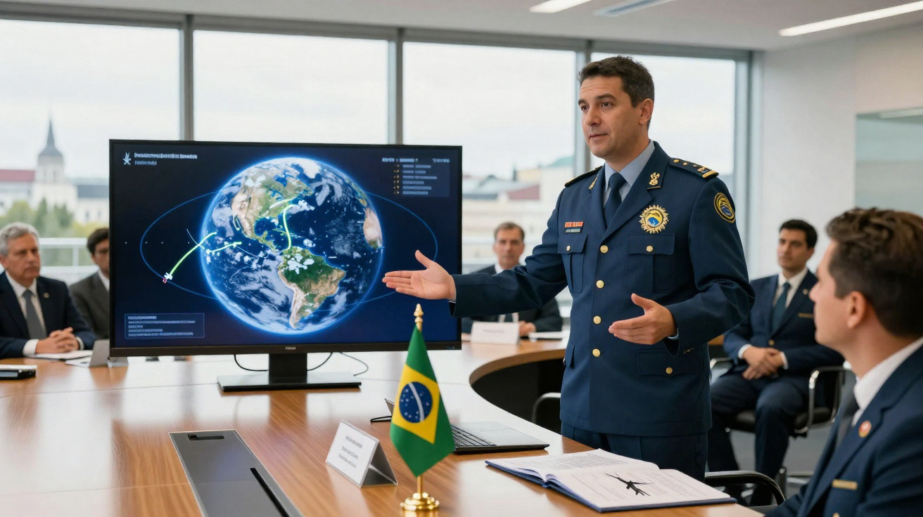 Oficial da polícia militar apresentando dados geográficos do Brasil em reunião com outras autoridades.