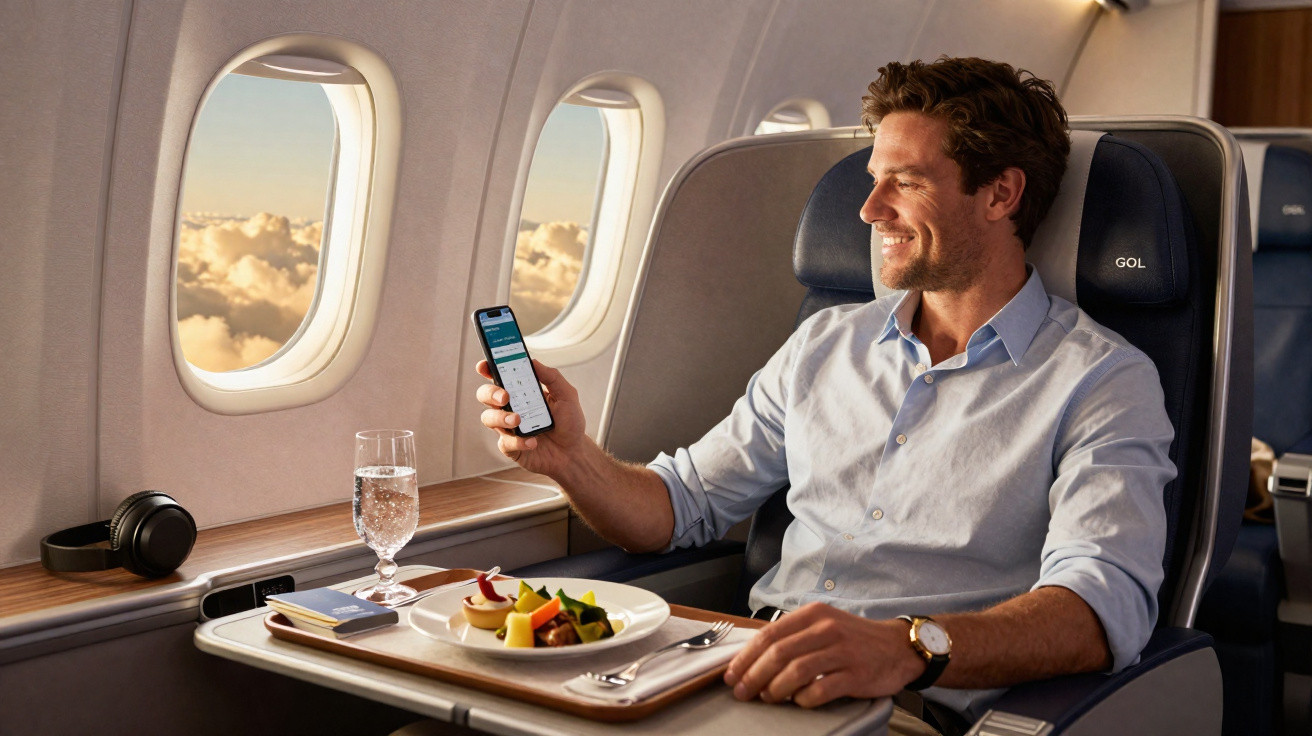 Homem sorridente sentado numa poltrona de avião com refeição no bandeja e segurando celular.
