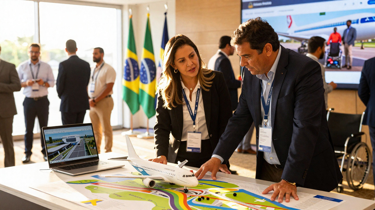 Pessoas discutindo projeto de aviação com maquete de avião e mapa em sala com bandeiras do Brasil.